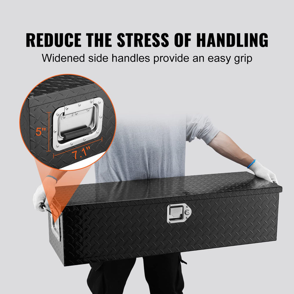 Stainless steel lock with two keys secures valuables on VEVOR toolbox.