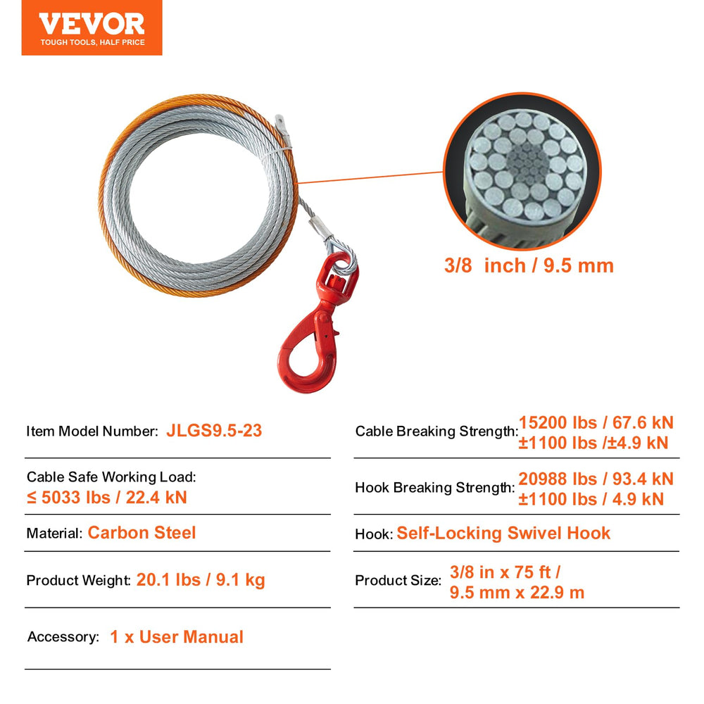 VEVOR winch cable suited for SUVs, large off-road vehicles, and trucks.