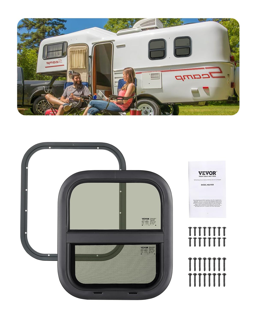 VEVOR vertical RV window front view shows privacy tint and compact fit for replacement.
