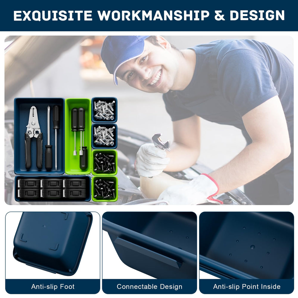 Vexercisehoop blue-green trays suit garage workbench organization.