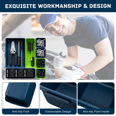 Vexercisehoop blue-green trays suit garage workbench organization.