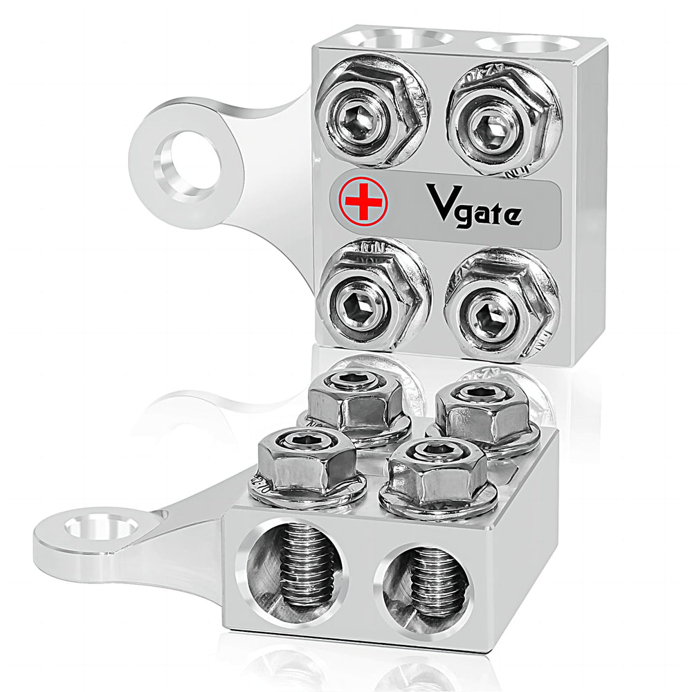 Vgate 8-Way distribution block with hole holders for diverse battery connections.