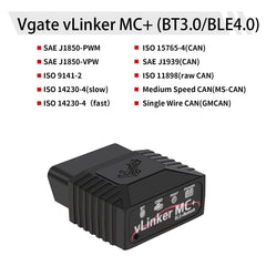 Vgate vLinker MC+ app screen shows fault codes and live data.