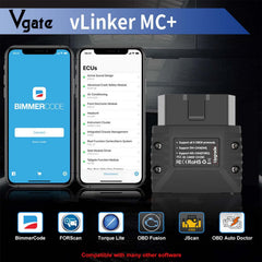 Vgate vLinker MC+ connected to the OBD port for on-vehicle checks.