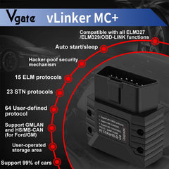 Vgate vLinker MC+ warranty and support icon highlights service.