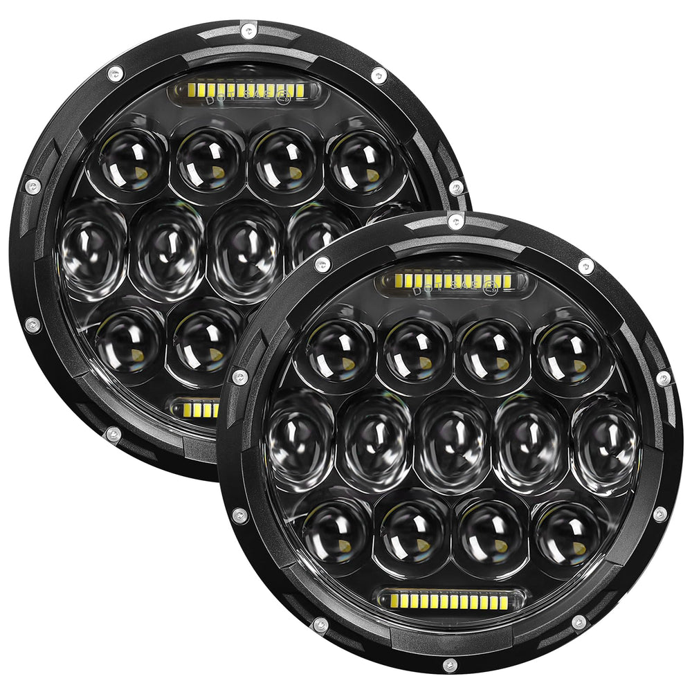 VI9000 7-inch round LED headlight front view with bright hi/lo beams for Jeep Wrangler.