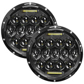 VI9000 7-inch round LED headlight front view with bright hi/lo beams for Jeep Wrangler.