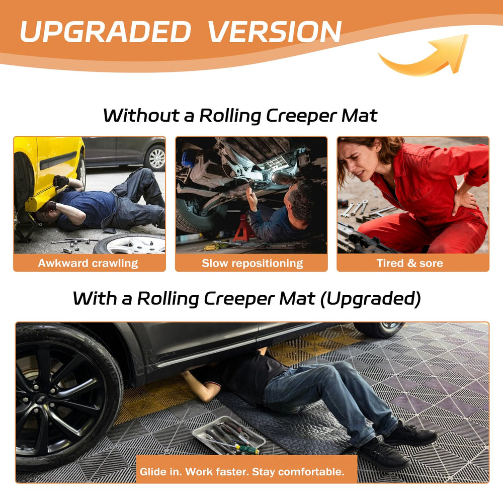 VICTORY DRIVE rolling creeper mat side profile showing low-friction base for easy under-car movement.