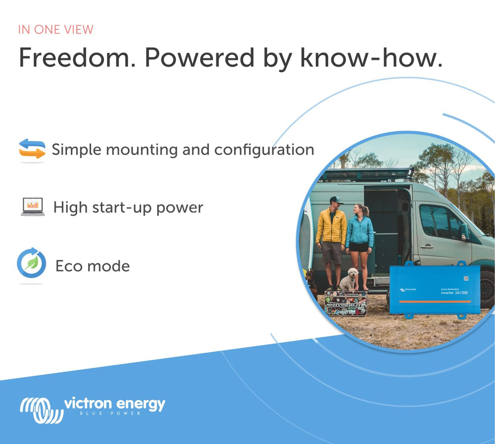 Victron Energy inverter with digital display Eco mode demonstrates efficient standby power.