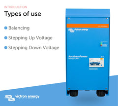 Victron Energy autotransformer in use with compatible inverter system illustrating split phase setup