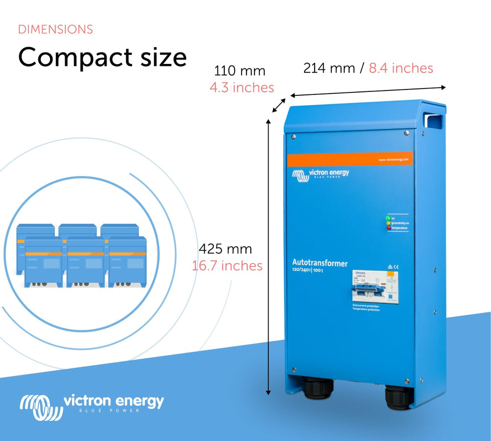 Victron Energy autotransformer labeling and controls visible for quick installation