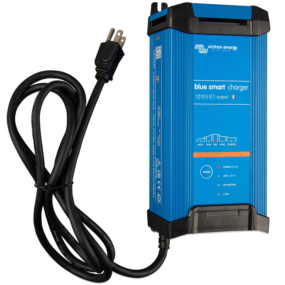 Victron Energy Blue Smart IP22 front view shows compact, efficient charging for multiple batteries.