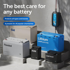 Victron Energy Blue Smart IP65 charger with Bluetooth app monitoring.