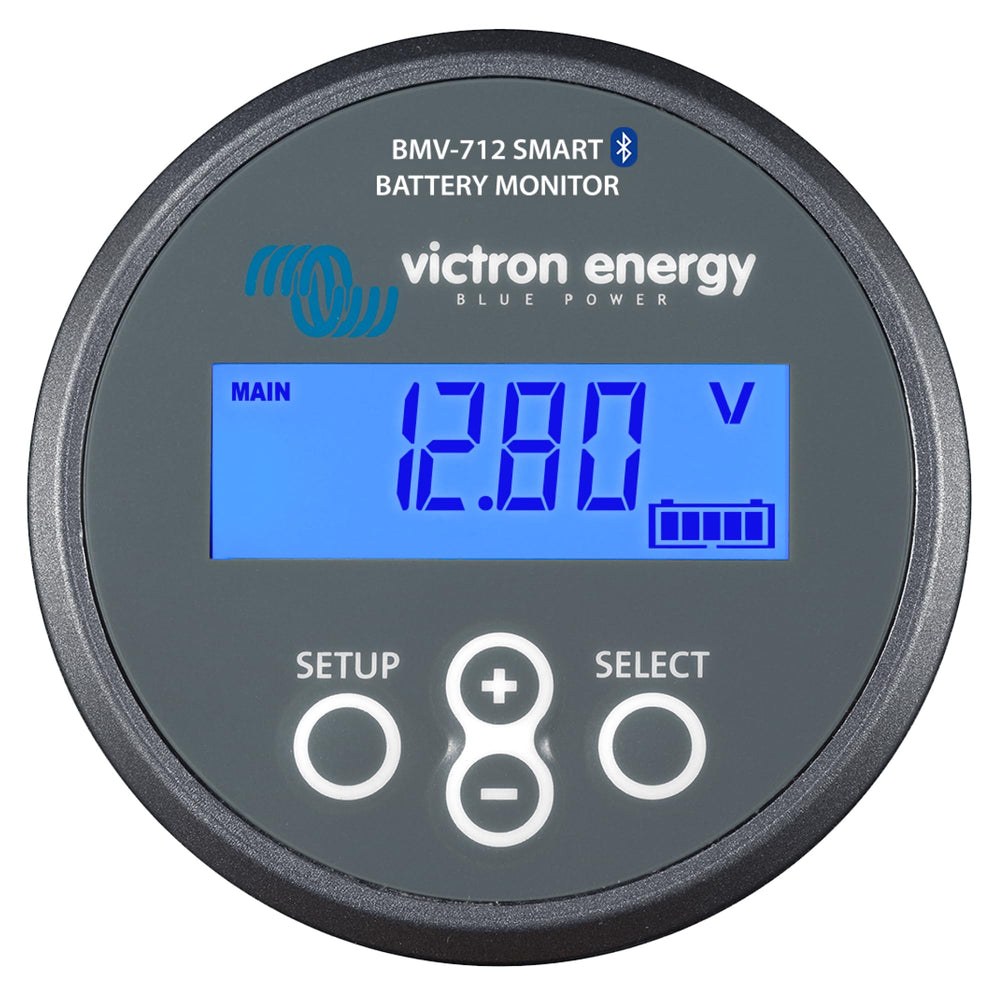 Victron Energy BMV-712 display close-up showing real-time charge and readings.