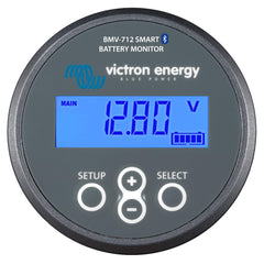 Victron Energy BMV-712 display close-up showing real-time charge and readings.