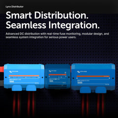 Victron Energy Lynx Distributor side view highlights accessible fuse spaces for modular protection.