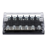 Victron Energy mega fuse six-way holder installed in a clean power distribution panel for organized wiring