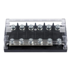 Victron Energy mega fuse six-way holder installed in a clean power distribution panel for organized wiring