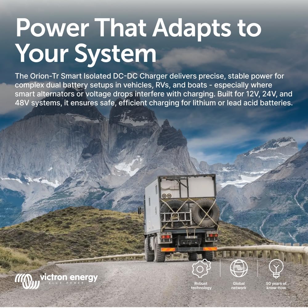 Victron Energy Orion-Tr in-vehicle installation demonstrates dual battery charging.