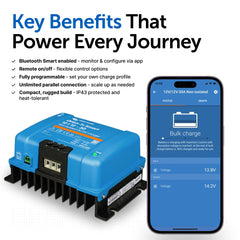 Victron Energy Orion-Tr Bluetooth app display demonstrates real-time charger status and adjustments.