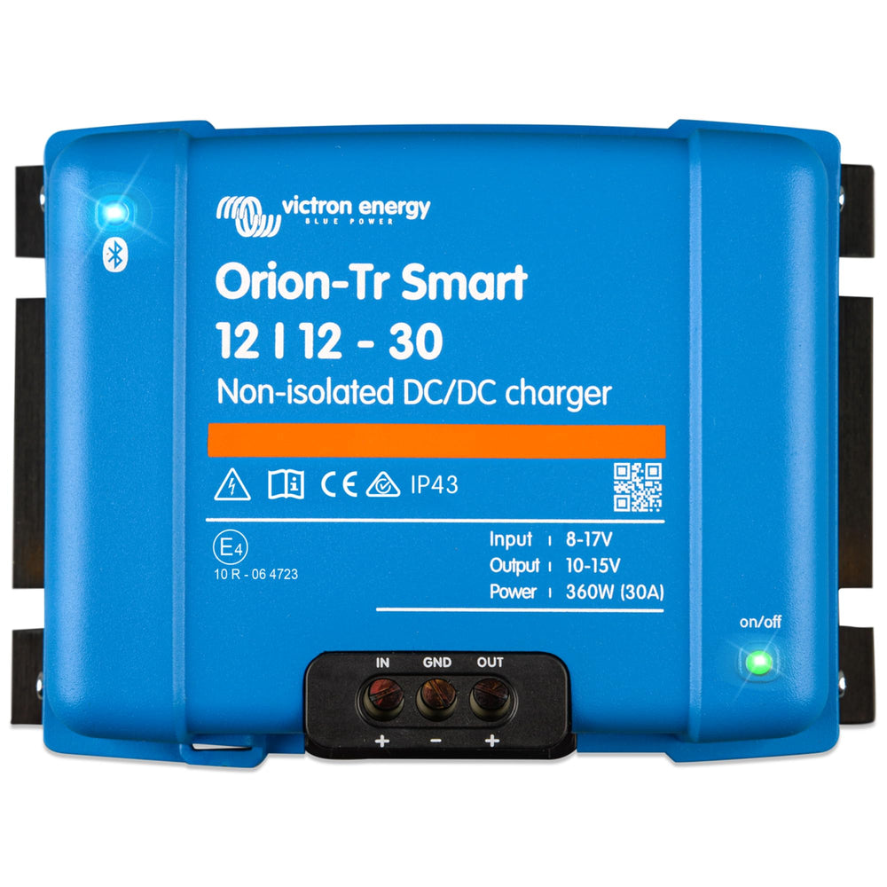 Victron Energy Orion-Tr front view shows compact Bluetooth-enabled charger for easy monitoring.