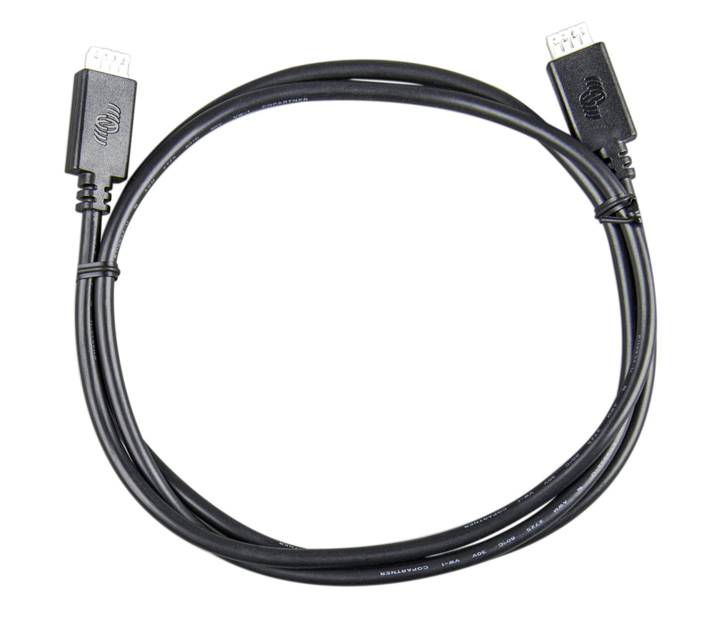 Victron Energy VE.Direct cable connecting two devices for streamlined monitoring and data sharing.
