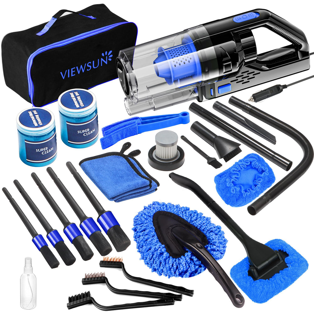 Viewsun car cleaning kit vacuum demonstrates portable power for quick interior cleanups.
