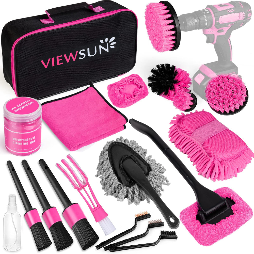 Viewsun pink car detailing kit drill brushes for deep cleaning in tight spaces.