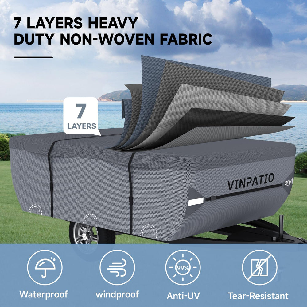 VINPATIO windproof straps securing the camper cover during windy conditions.