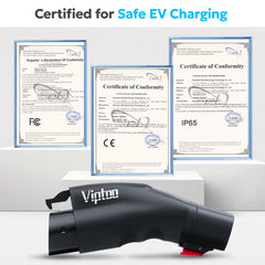 VIPTOO Tesla to J1772 adapter compact and portable for travel between charging spots.