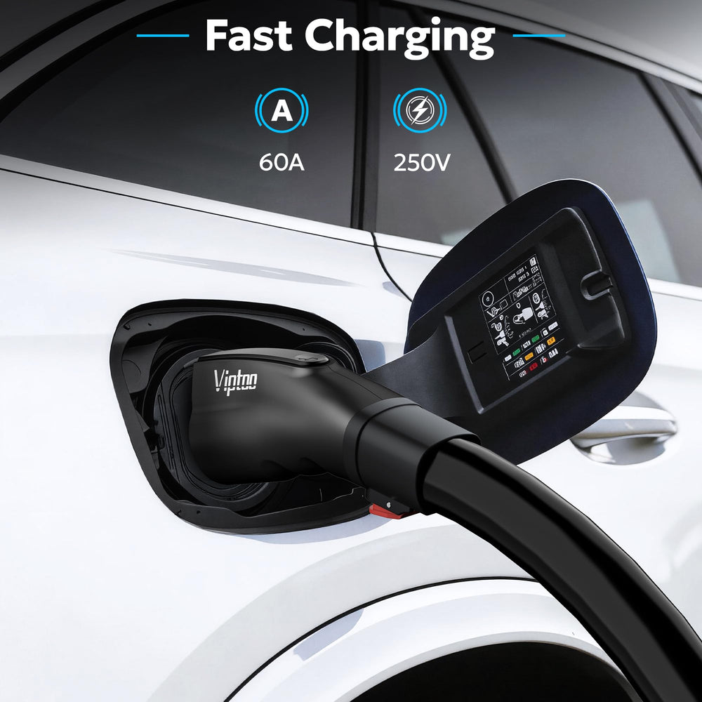 VIPTOO Tesla to J1772 adapter side view highlighting slim profile for easy storage.