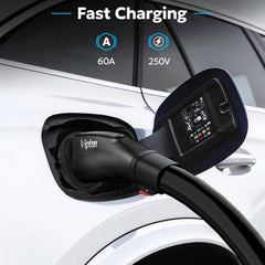 VIPTOO Tesla to J1772 adapter side view highlighting slim profile for easy storage.