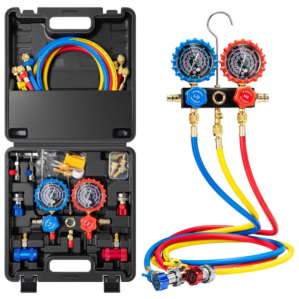 Vivohome HVAC manifold gauge set three-way front view for precise automotive diagnostics