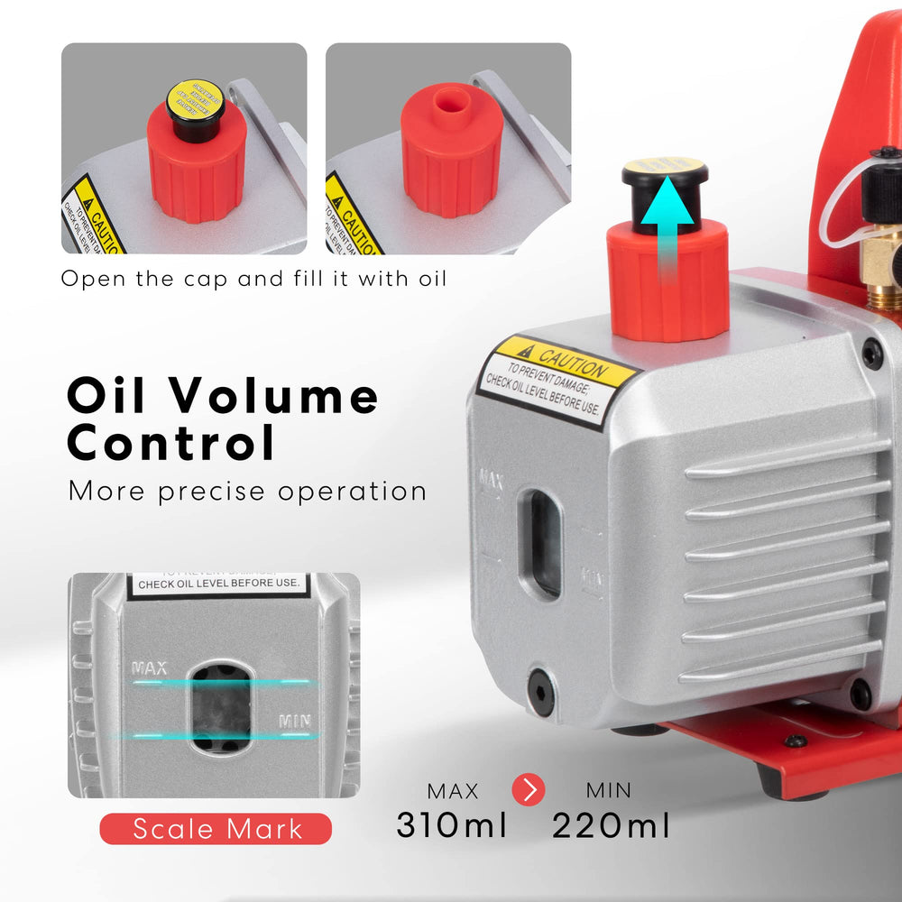 VIVOHOME vacuum pump side view highlighting cooling and easy oil drain.