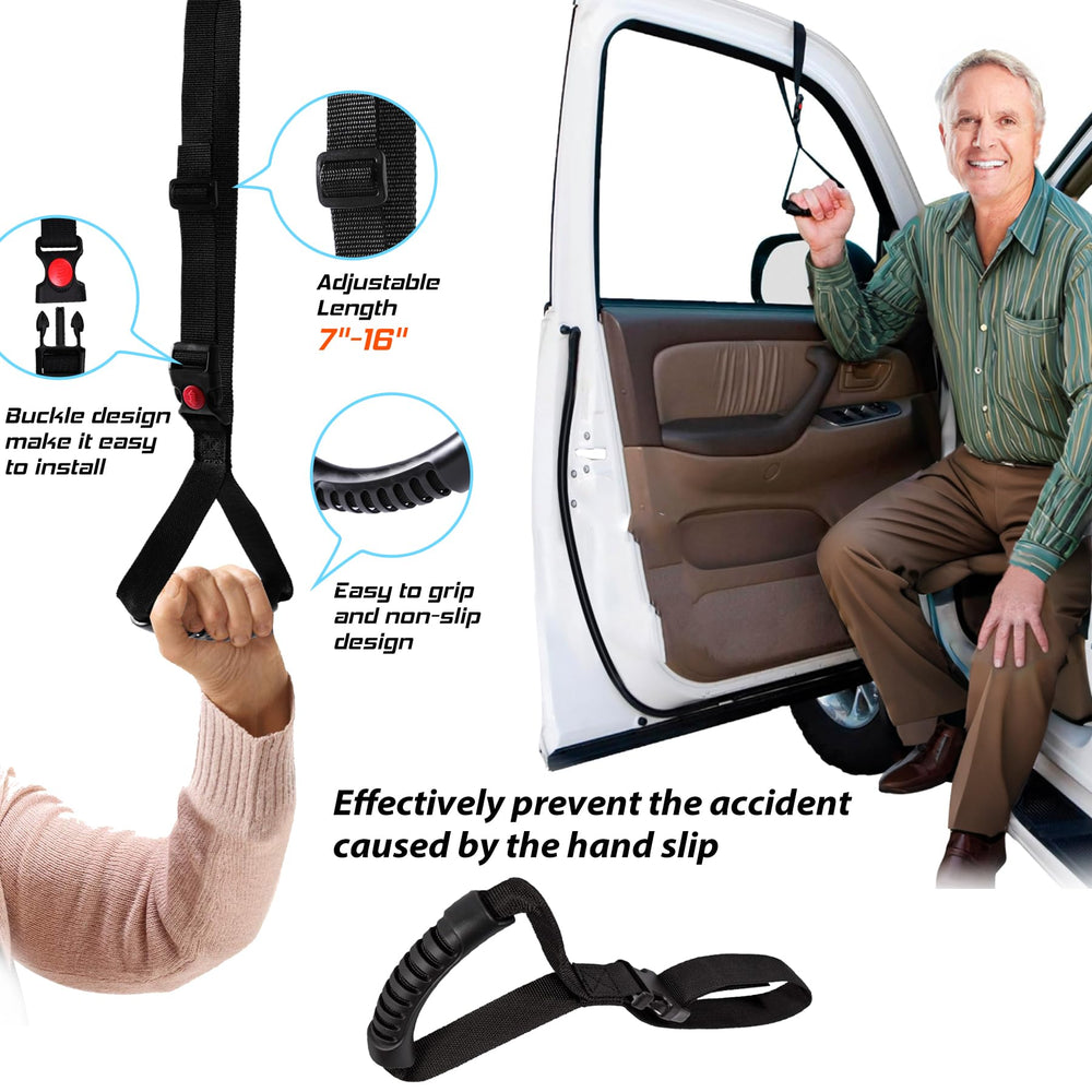 Vizava adjustable car grab handle length adapts to diverse users.