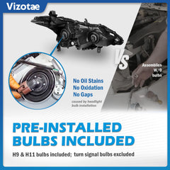 Vizotae headlights assembly with bulbs included close-up shows ready-to-use high and low beam options.