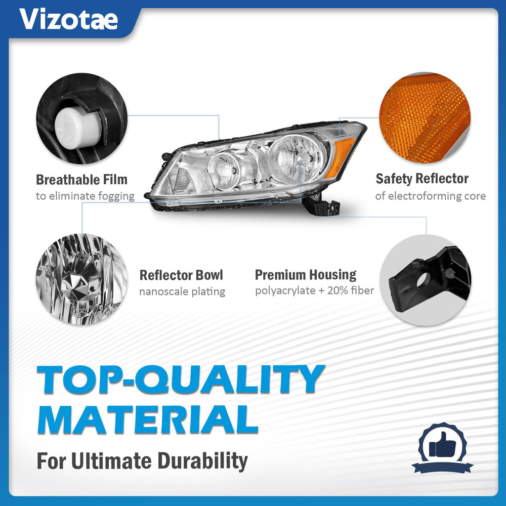 Vizotae headlights UV-coated lens reduces yellowing over time.