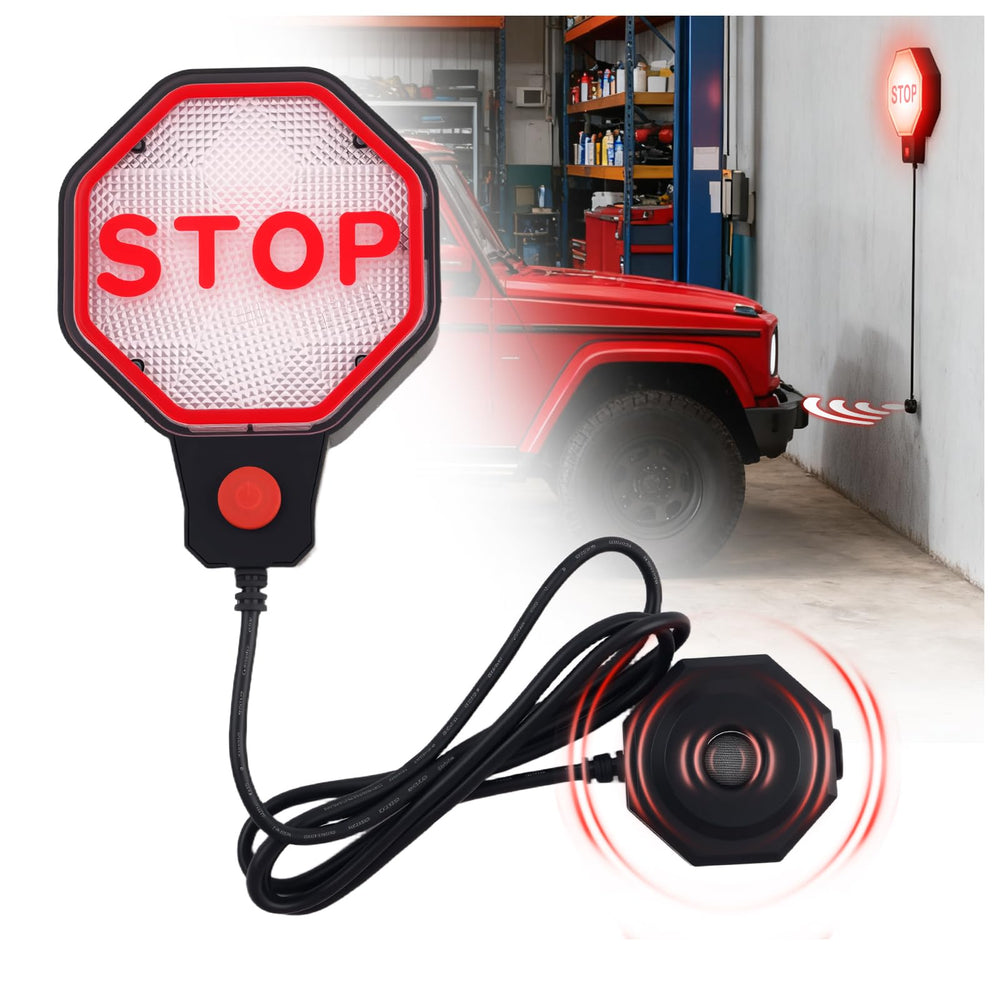 VKQTS LED garage sensor mounted on wall, guiding safe parking.