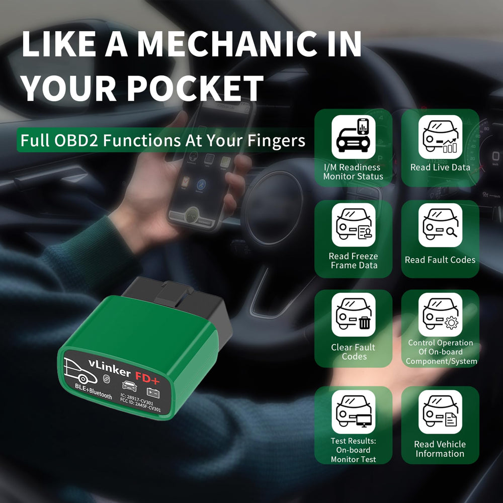 VLinker FD+ battery protection shown during diagnostics to prevent drain.