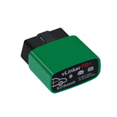 VLinker FD+ OBD2 scanner connected to a smartphone for real-time diagnostics.