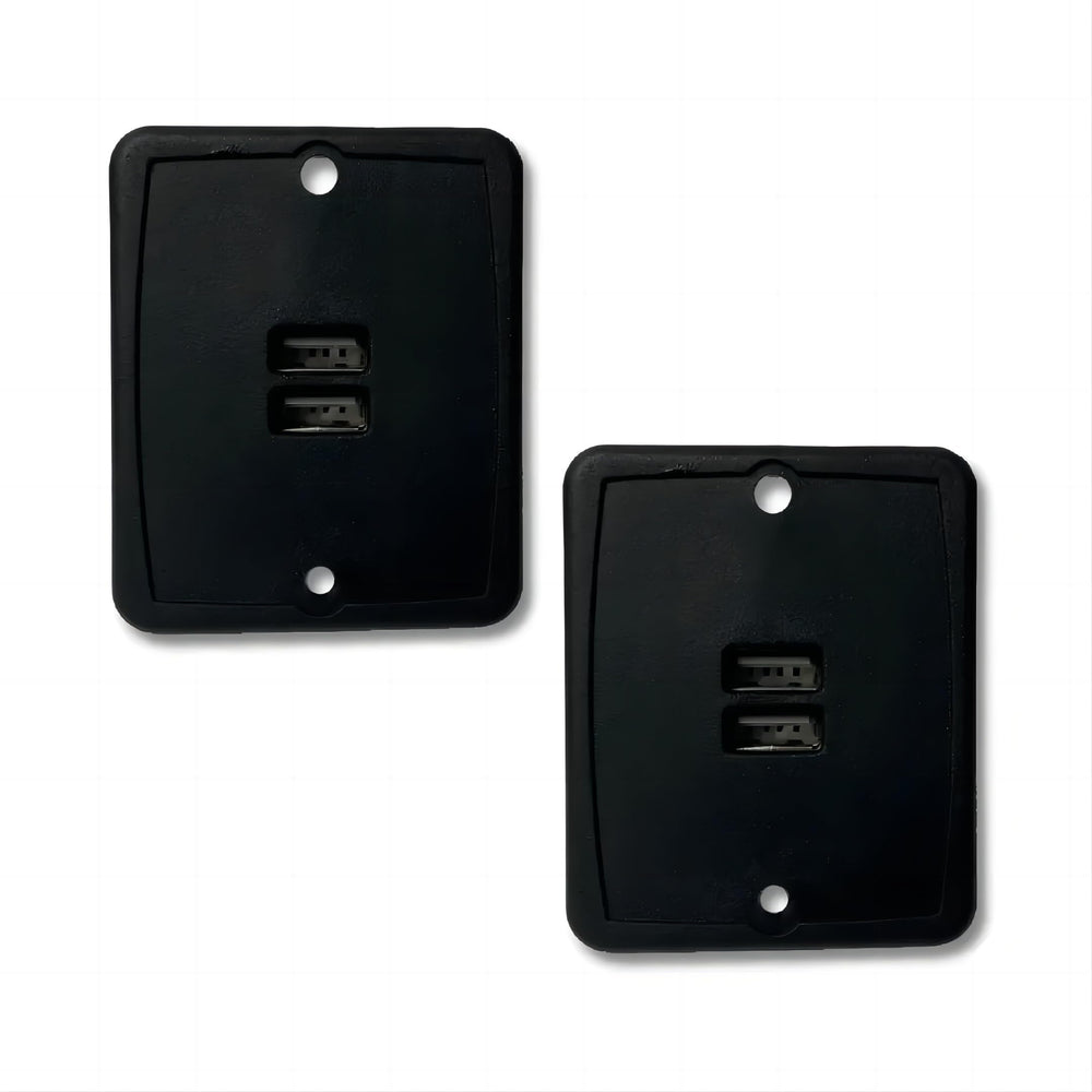 VMDLKB RV dual-port USB outlet in black panel for on-the-go charging.