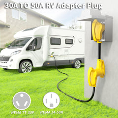 Vockjour 12-inch adapter in use with RV campsite hookups.