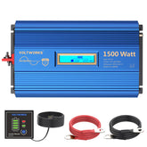 VOLTWORKS 1500W pure sine inverter display shows power status for safe operation.