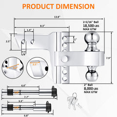 Vomavex dual-ball hitch with 2-inch and 2-5/16-inch balls for quick setup.