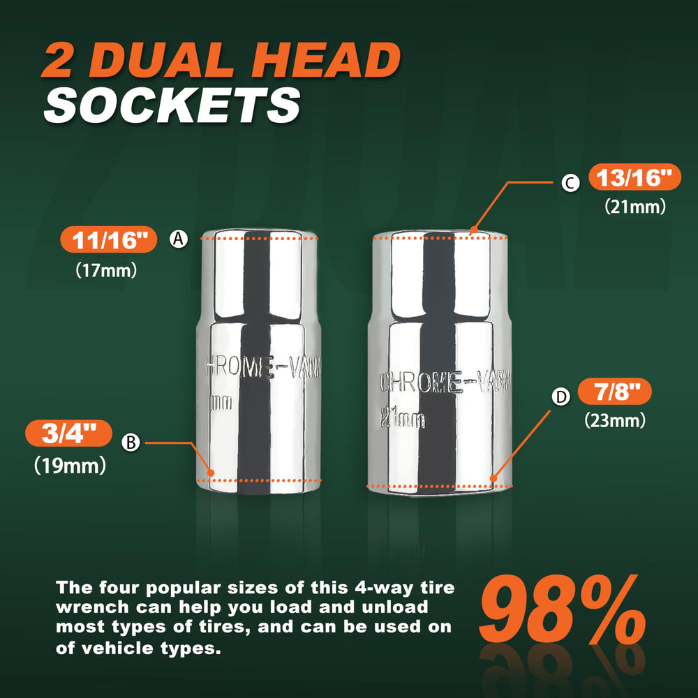 VONLX half-inch drive set compatible with standard sockets for quick tire service.