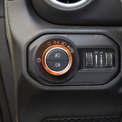 Voodonala orange aluminum knob cover for Jeep Wrangler JLU boosts visibility and ease of use.