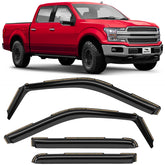 Voron Glass in-channel rain guard front-left for Ford F-150, protecting interior from rain and wind.
