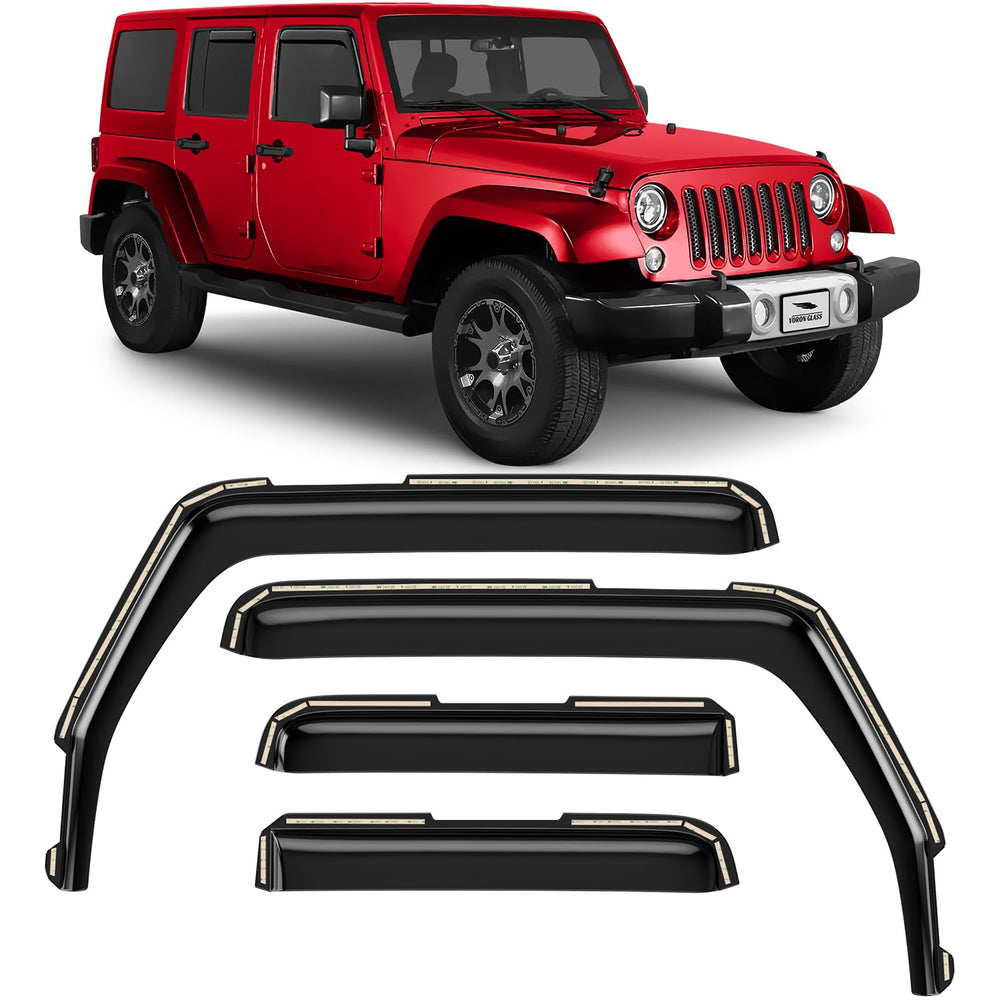 Voron Glass in-channel rain guard on Jeep Wrangler JK front driver improves rain protection and airflow.