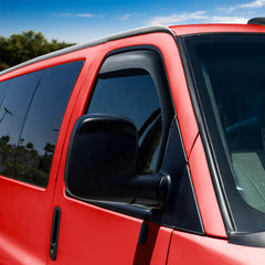 Voron Glass in-channel rain guard on passenger side blocks sun and rain while driving.
