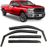 Voron Glass in-channel rain guards on the front window for Dodge RAM reduce rain intrusion and wind